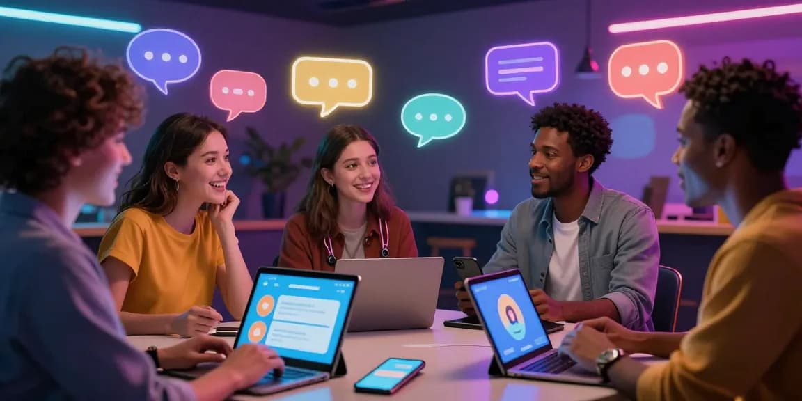 NSFW AI chat characters interacting in a vibrant virtual space, showcasing colorful chat bubbles and animated conversation.