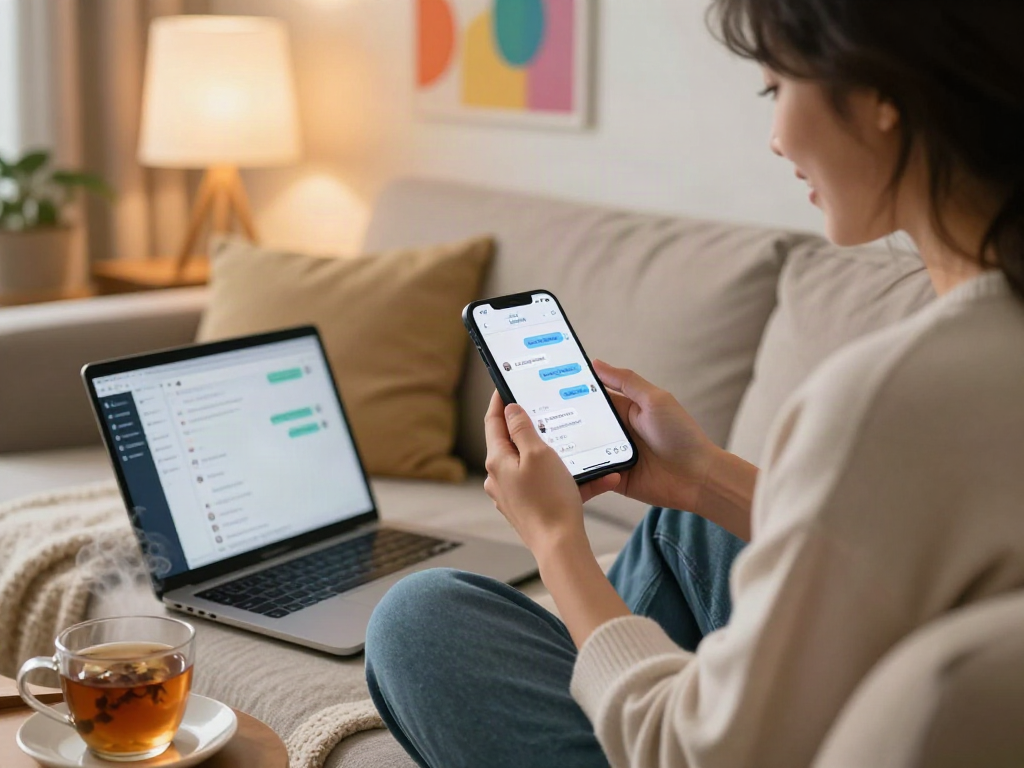 Engaging in ai sex chat on a smartphone while sitting comfortably on a couch.