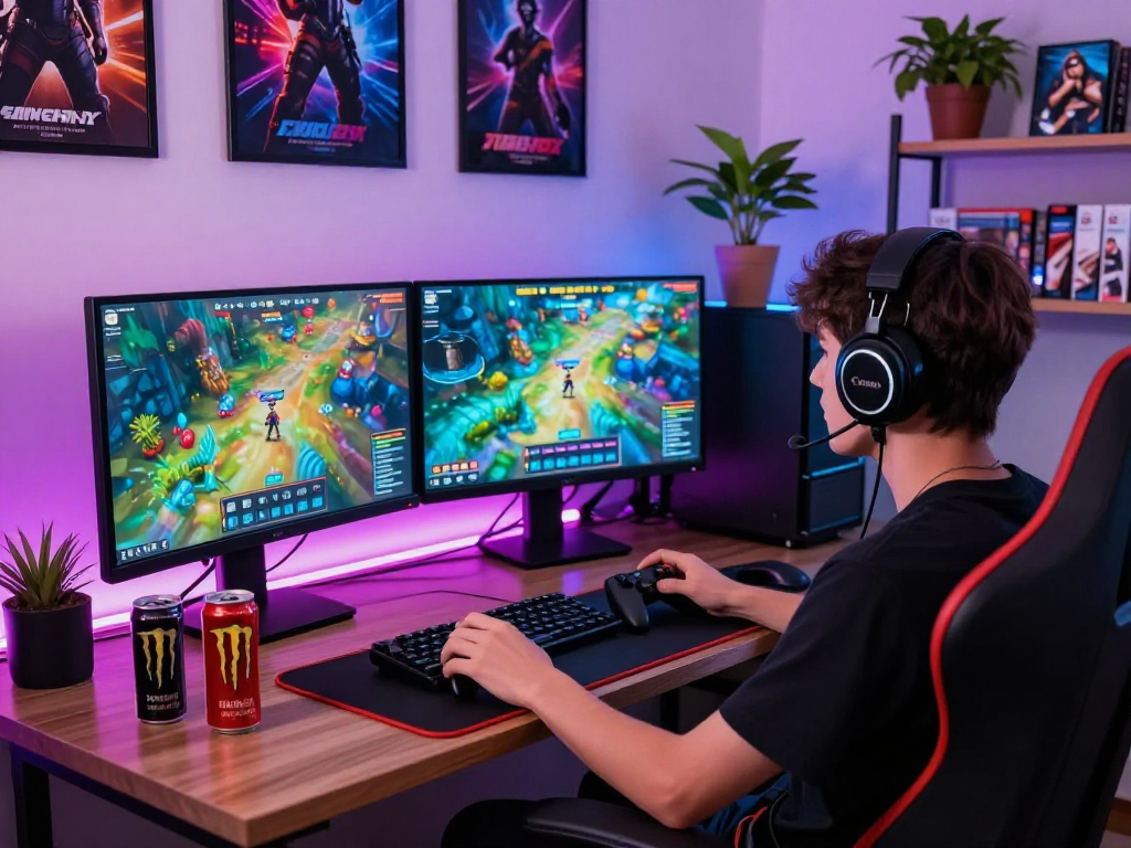 Engaged player enjoying an adult game on dual monitors with vibrant graphics.