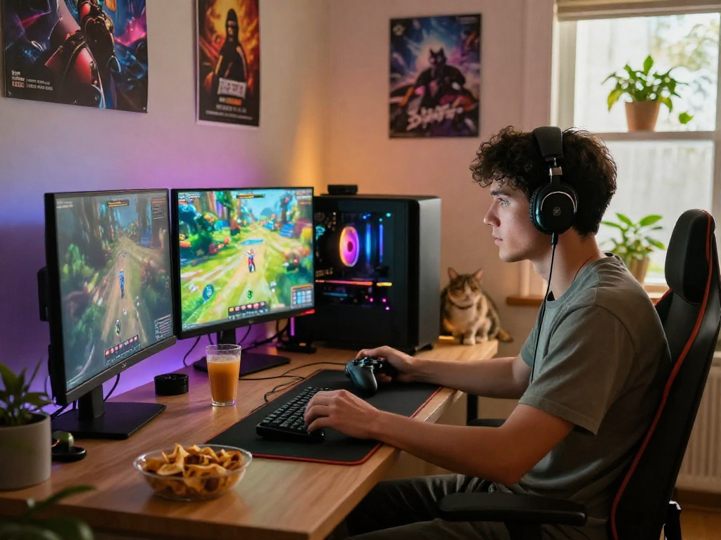 Passionate gamer immersed in gameplay at cozy gaming setup with lemon121.
