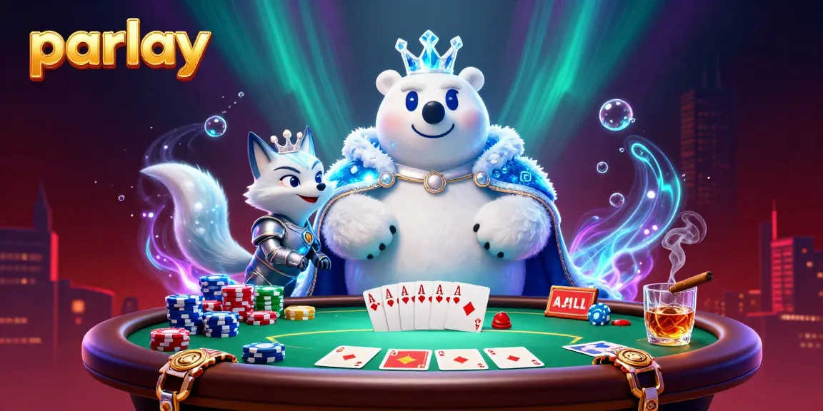 Engage with parlay betting strategies illustrated by a cartoon polar bear and fox among dynamic poker elements.