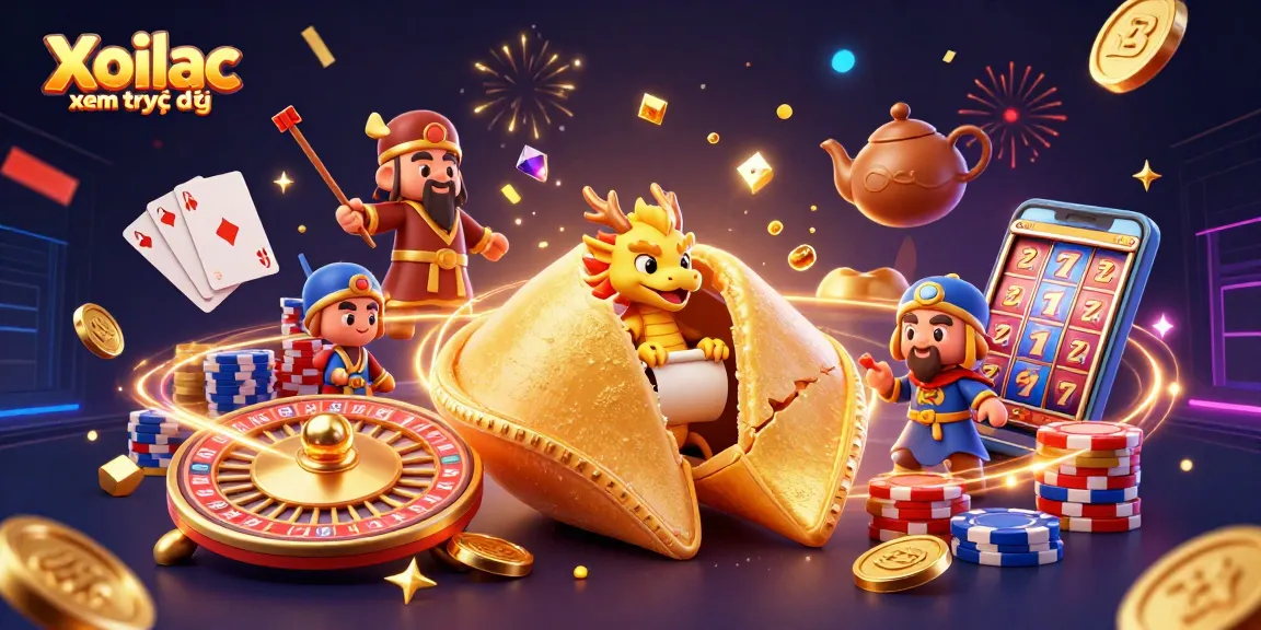 Xoilac xem trực tiếp: Experience the thrill of online gaming with a dynamic fantasy illustration filled with prizes and excitement.