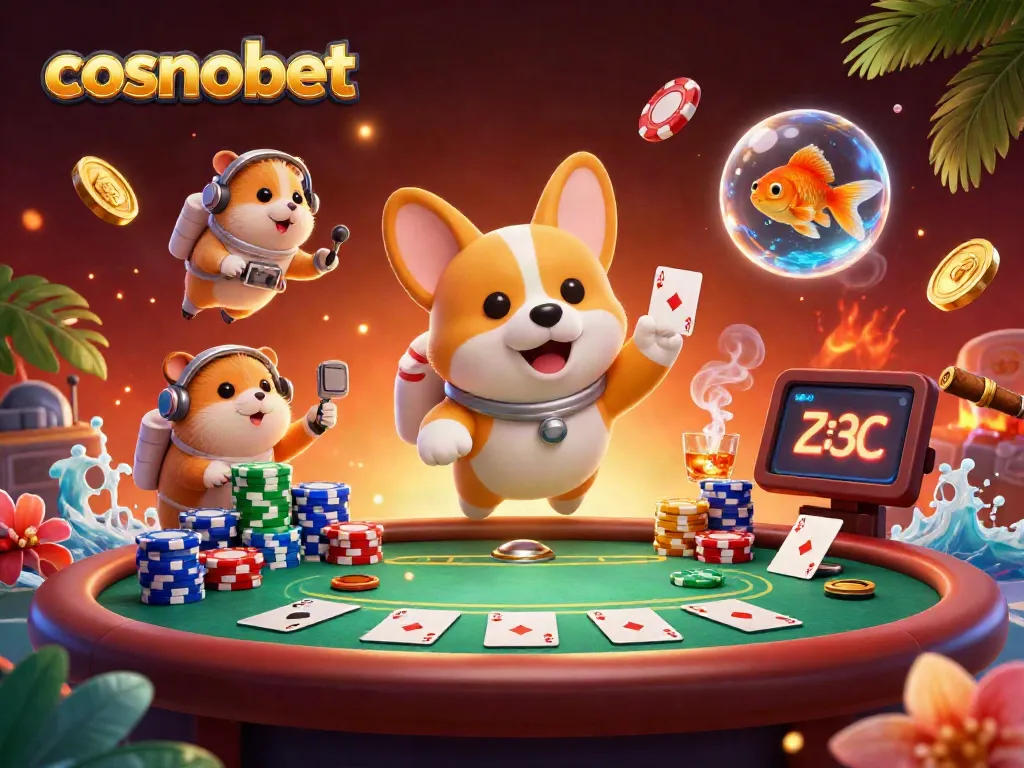 Win at Cosmobet as a cartoon corgi floats surrounded by poker chips and casino games