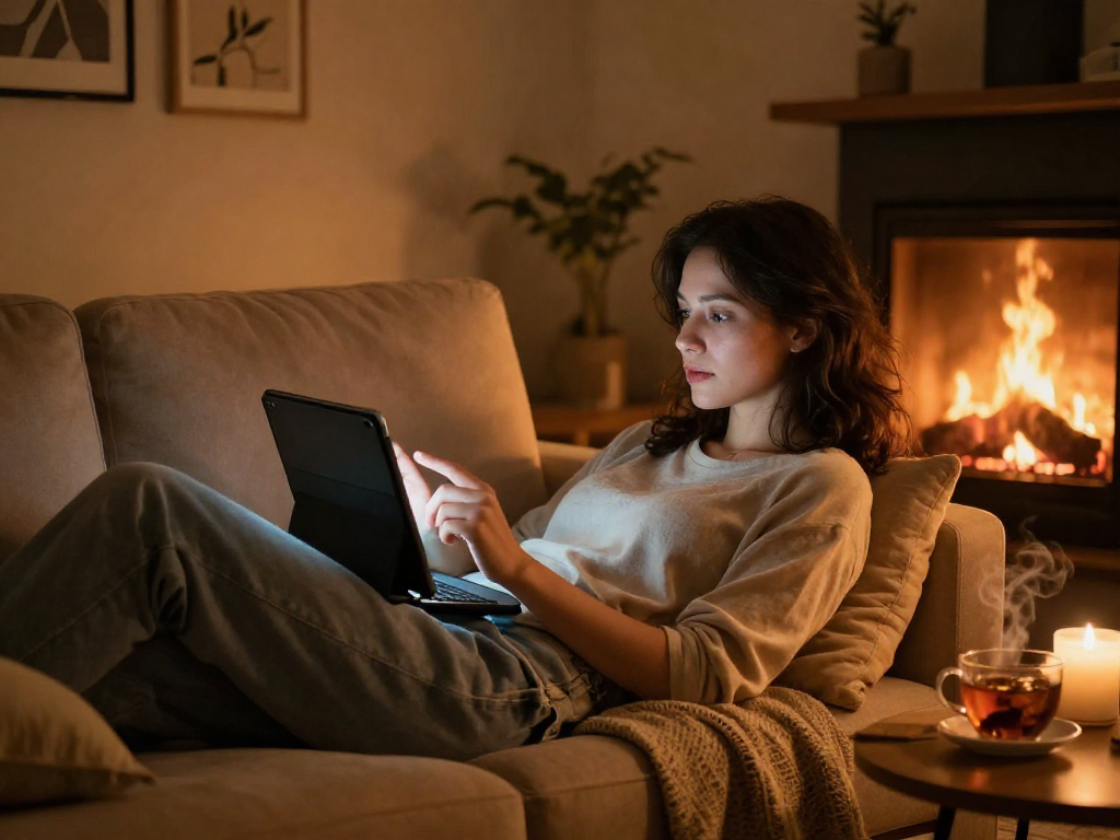 AI porn chat in a cozy room setting with plush decor and warm lighting.