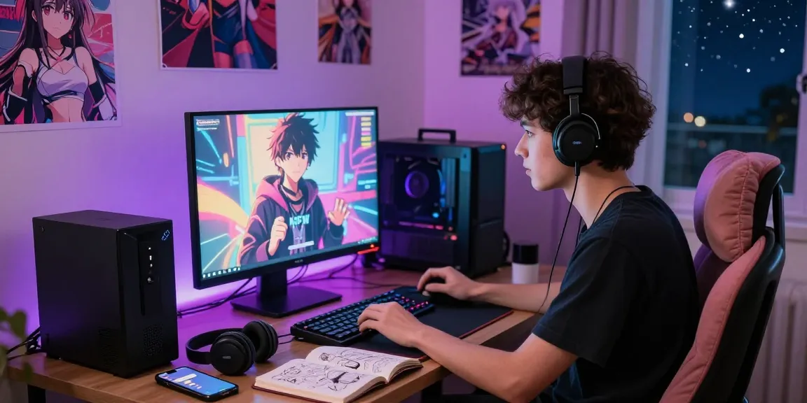 Interactive gaming setup highlighting ecchi ai character on screen, vibrant atmosphere, and cozy decor.
