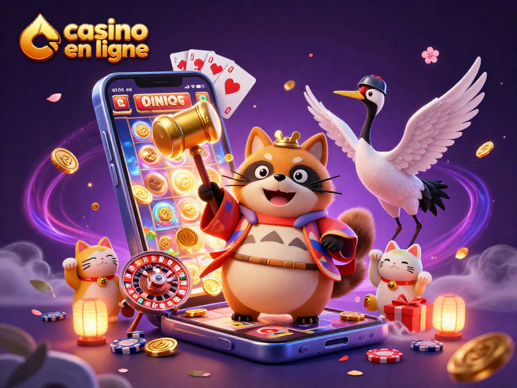Découvrez les jeux dans le casino en ligne avec un tanuki porte-bonheur et des éléments festifs.