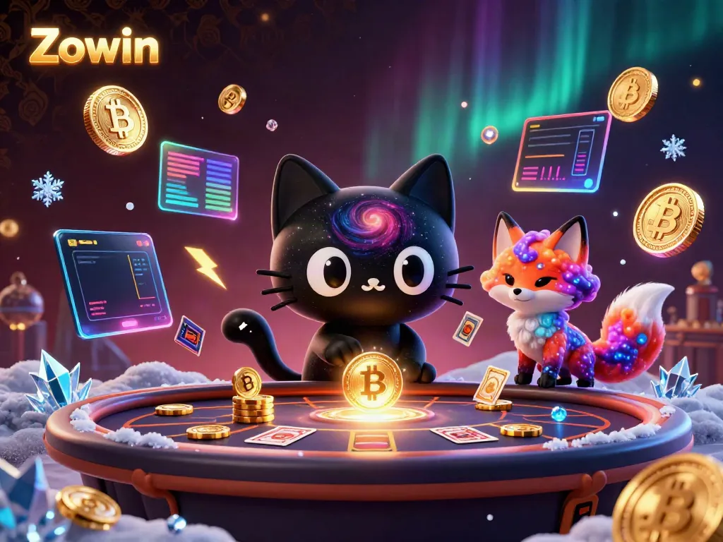 Zowin casino-themed illustration featuring a cosmic cat and fox surrounded by glowing crypto elements