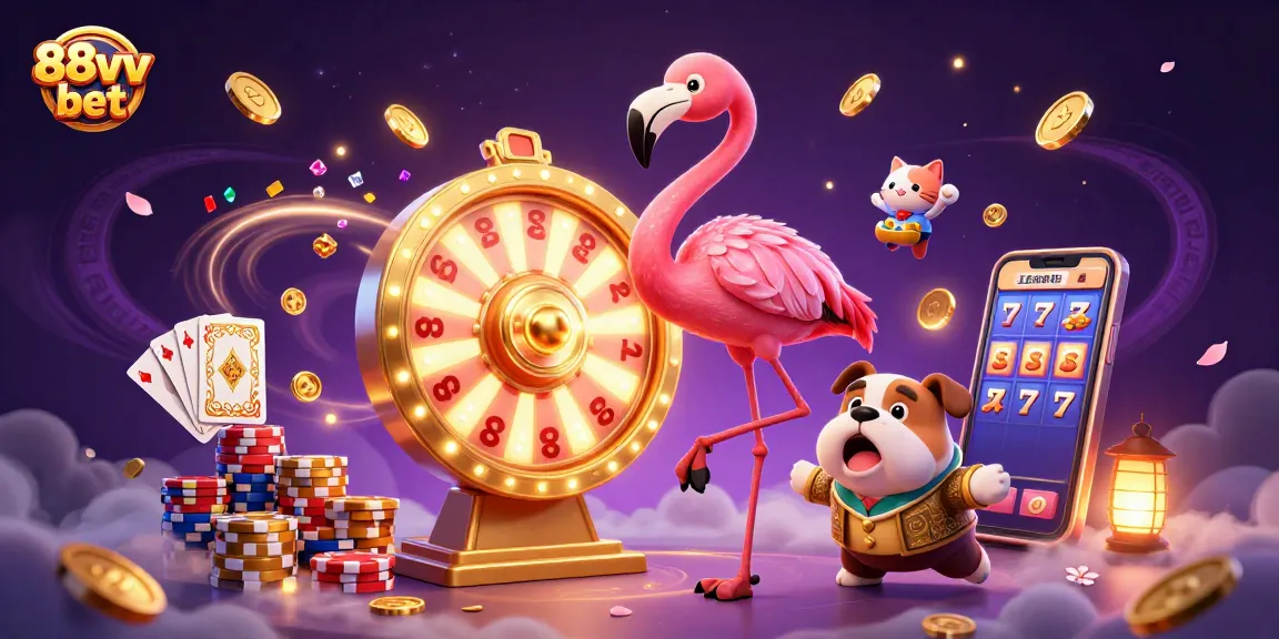 Spin the giant prize wheel with 88vv bet as vibrant coins and gems fly in this engaging casino scene.