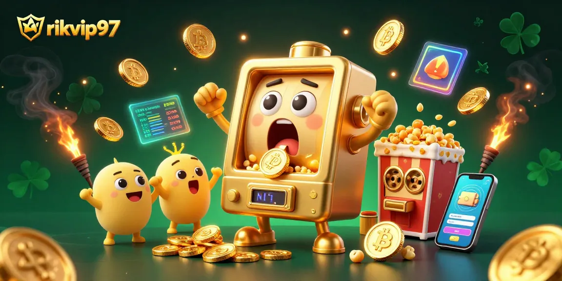 rikvip97 jackpot scene featuring a golden slot machine pouring coins, cheering baby slots, and crypto elements