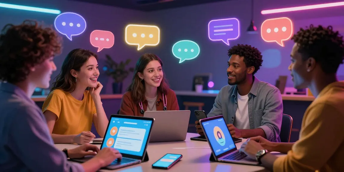 NSFW AI chat characters interacting in a vibrant virtual space, showcasing colorful chat bubbles and animated conversation.