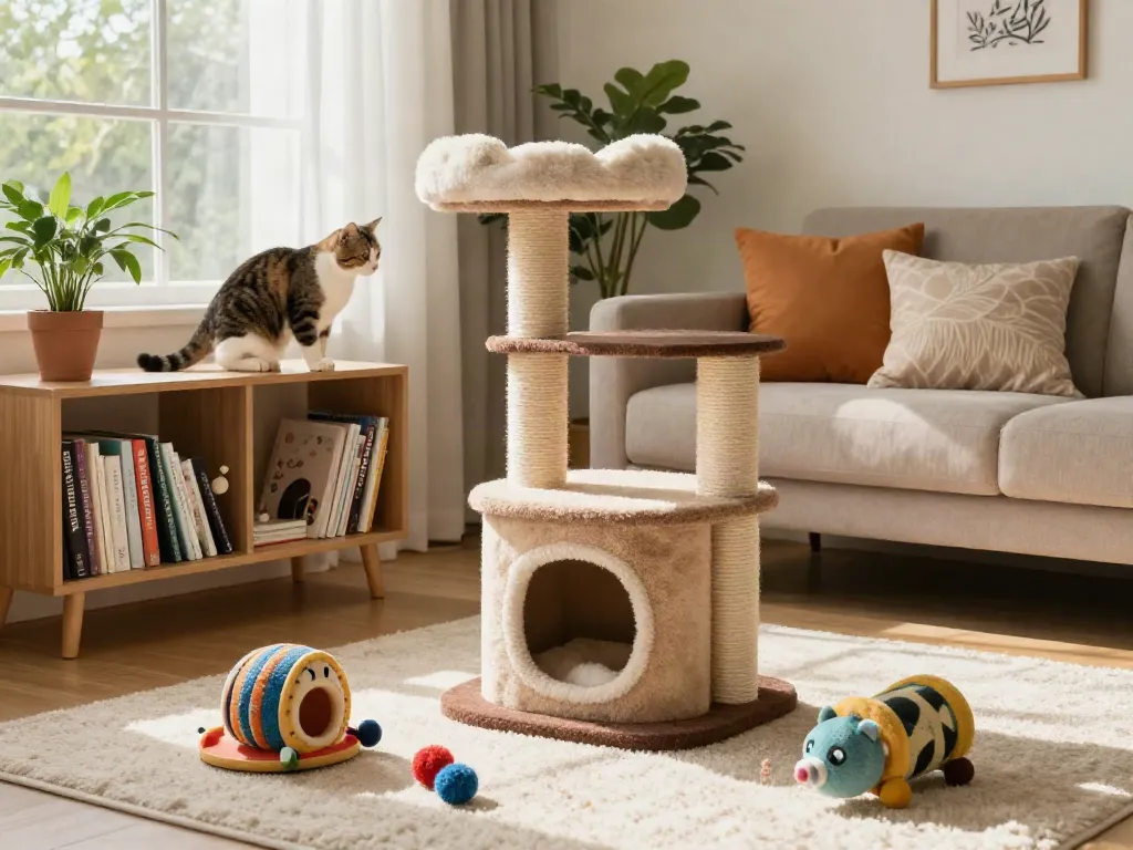 Playful cat exploring a modern cat tower in a stylish living room, highlighting comfort and elegance.