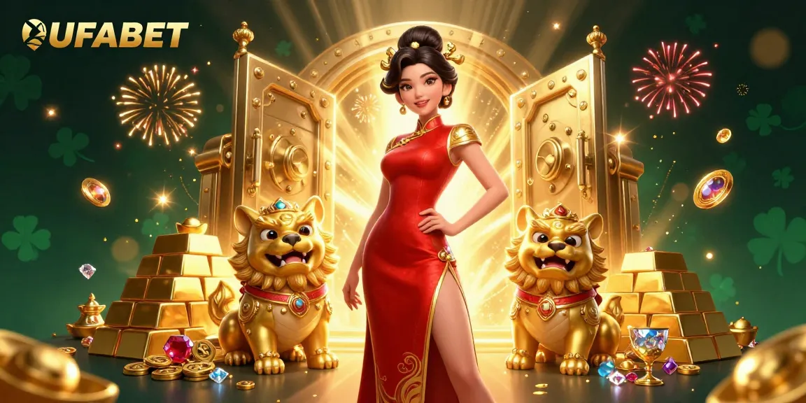 Experience UFABET with an exciting online casino scene featuring a glamorous Asian woman and golden guardians.