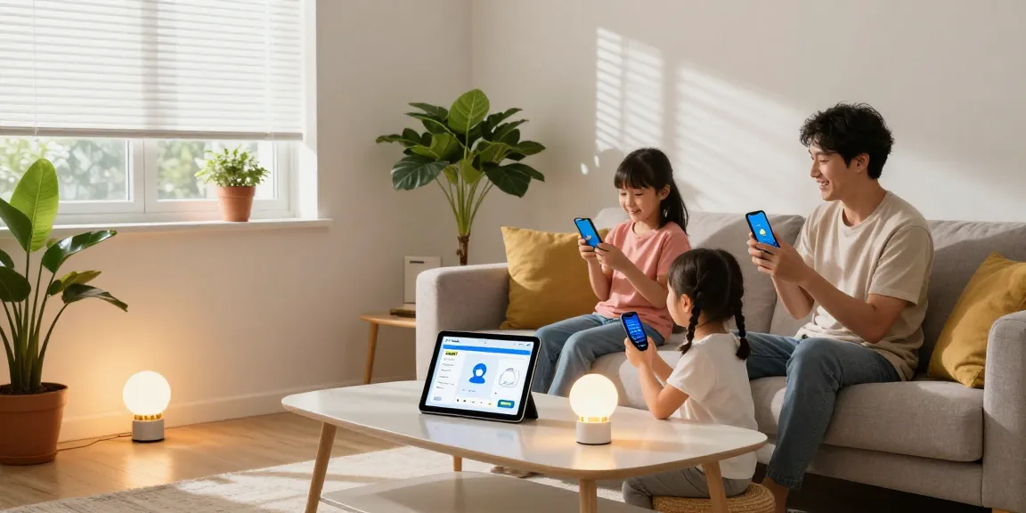 IKEA smart home setup featuring a family using smart lighting and blinds in a modern living room.