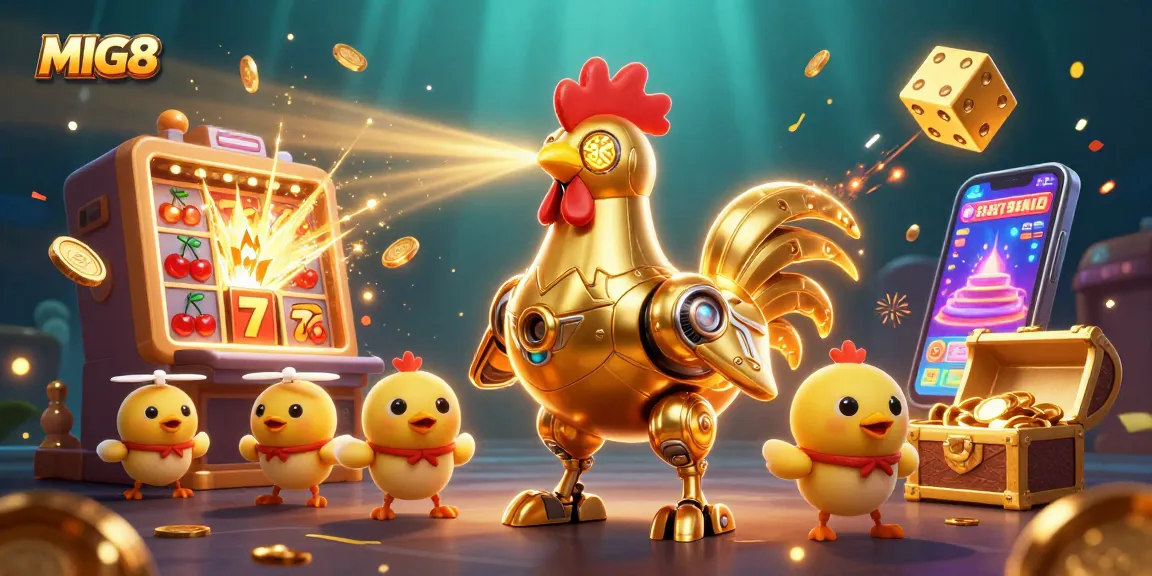 MIG8 showcases a vibrant scene with a golden rooster robot and treasure exploding in a casino adventure.