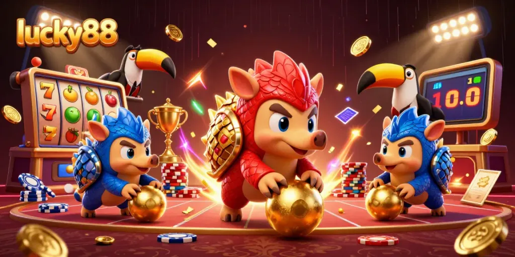 Engage in the thrilling world of lucky88 slots with energetic pangolins battling among coins and poker chips