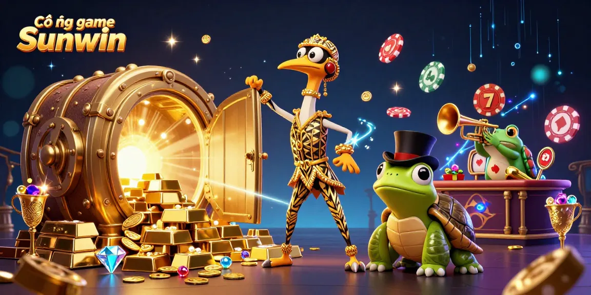 Cổng game Sunwin showcases a vibrant 3D celebration of gambling with whimsical characters amidst golden treasures.