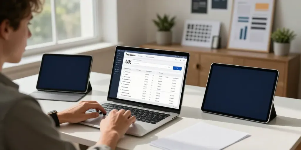 Entrepreneur searching to buy .uk domain at modern workspace with tech setup.