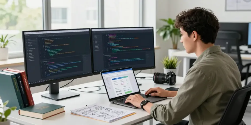 Developer coding for instant indexing in a modern office setting.
