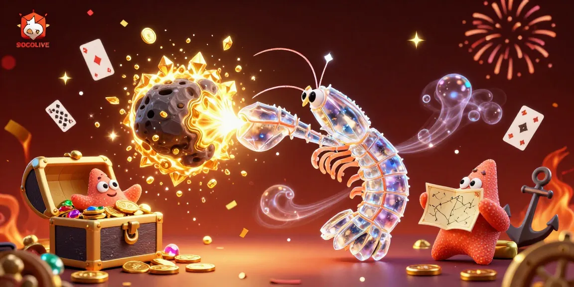 SOCOLIVE showcases a vibrant financial explosion as a mantis shrimp battles asteroids in a dynamic environment.