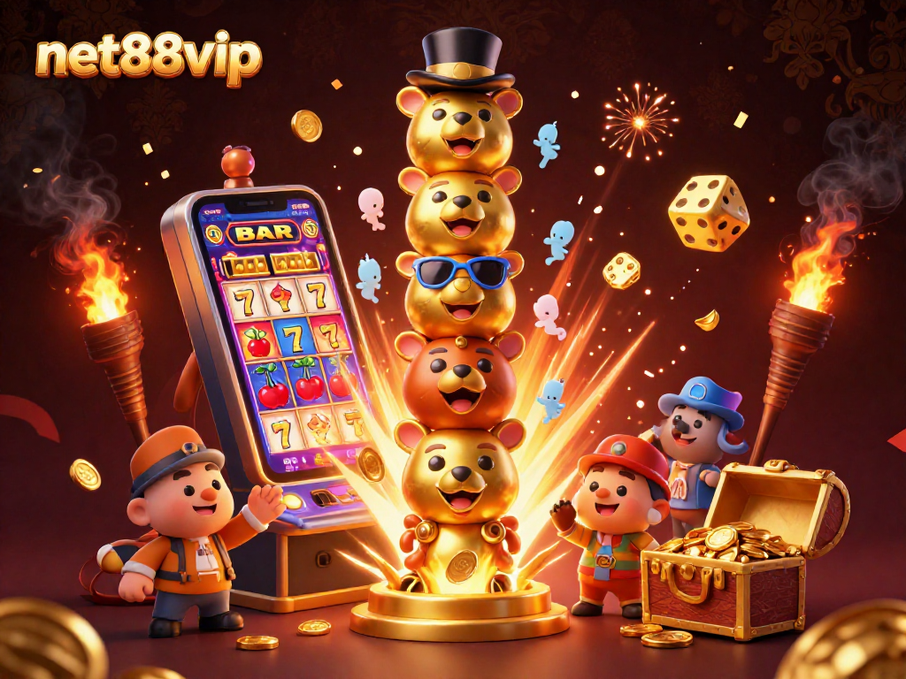 Experience net88vip excitement with a vibrant 3D casino scene featuring dynamic game elements.
