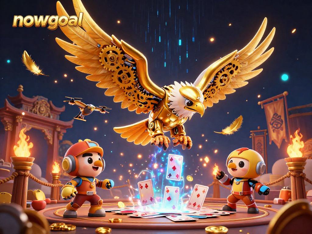 Engage with nowgoal's immersive gaming scene featuring a cybernetic eagle and holographic elements.