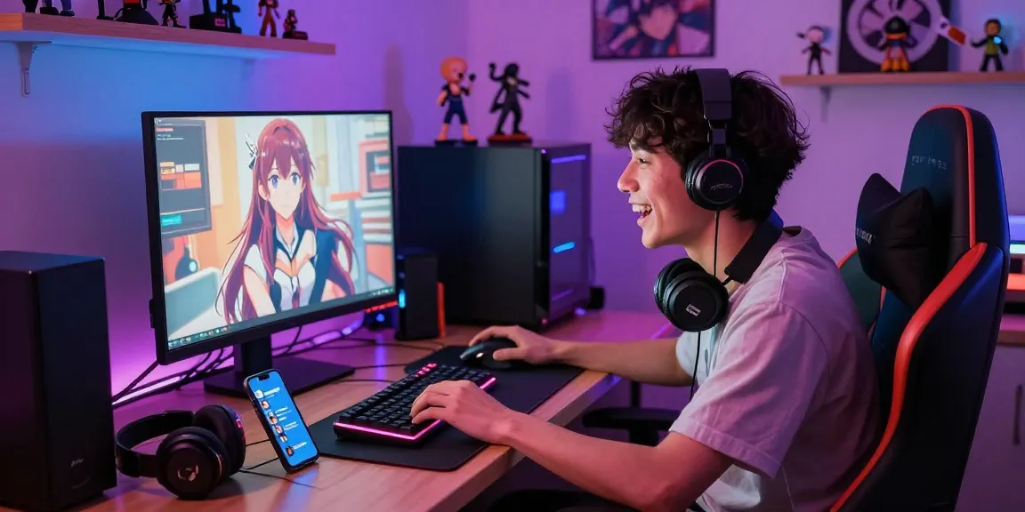 Gamer enjoying ecchi games on desktop with vibrant LED lighting and gaming gear.
