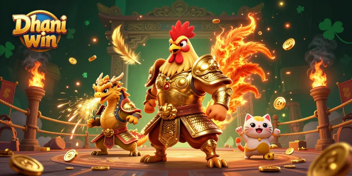 Dhani win platform illustration featuring a samurai rooster, dragon, and fortune cat amidst dynamic gambling elements.
