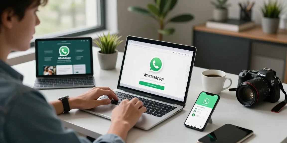 Downloading WhatsApp下載 on a laptop in a modern workspace with tech gadgets and a smartphone.