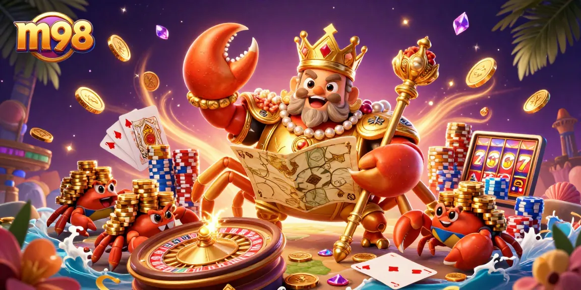 Experience m98's epic casino adventure with a golden crab emperor and dazzling gaming elements!