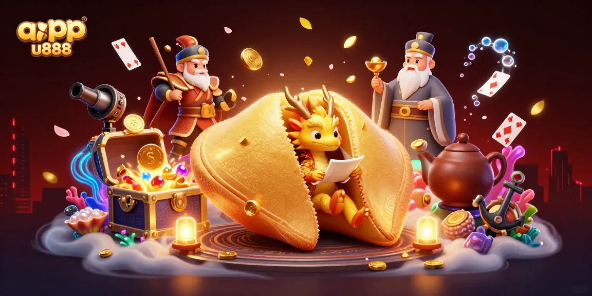 Experience thrill with app u888 as a wise dragon reads fortunes from a golden cookie amidst dynamic casino elements.